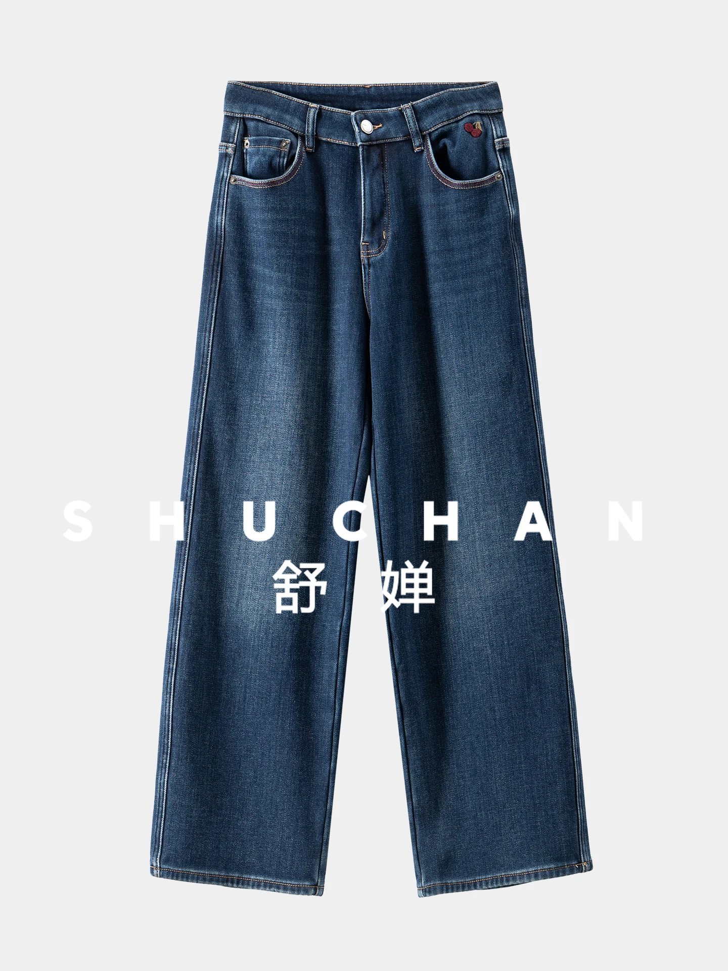 Inverno quente, cereja francesa bordado veludo de cintura alta reta jeans de perna larga feminino 29i4 pantalones de mujer