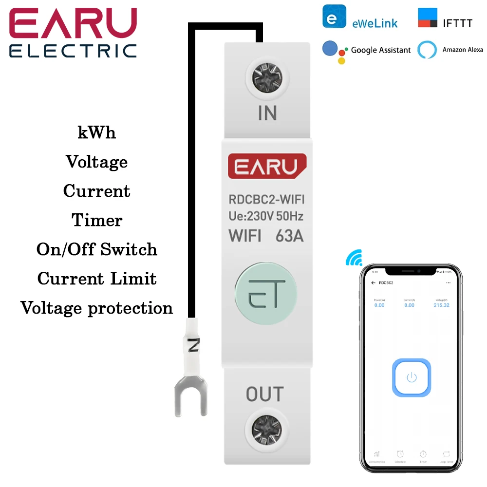 Trilho Din Wifi Medidor de Energia Inteligente Consumo de Energia Kwh Medidor Disjuntor Tempo Temporizador Interruptor Relé Voltímetro para Casa Inteligente 1p
