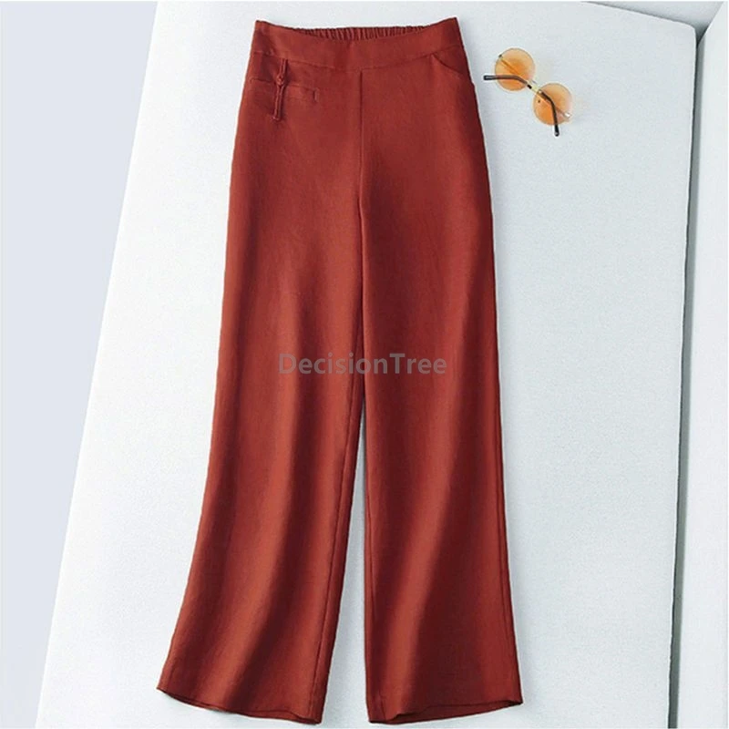 

2025 linen home straight pants half elastic waist disc buckle chinese style pants daily leisure cotton hemp wide leg trousers
