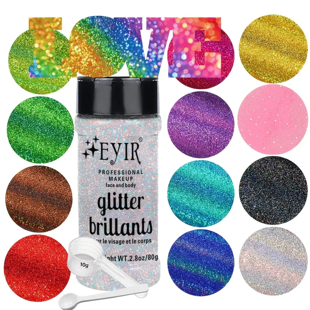 EYIR 12 Colors Holographic Glitter Powder Shaker Bottle Large Chunky Sequins For Resin Art Nail DIY Craft Decoration