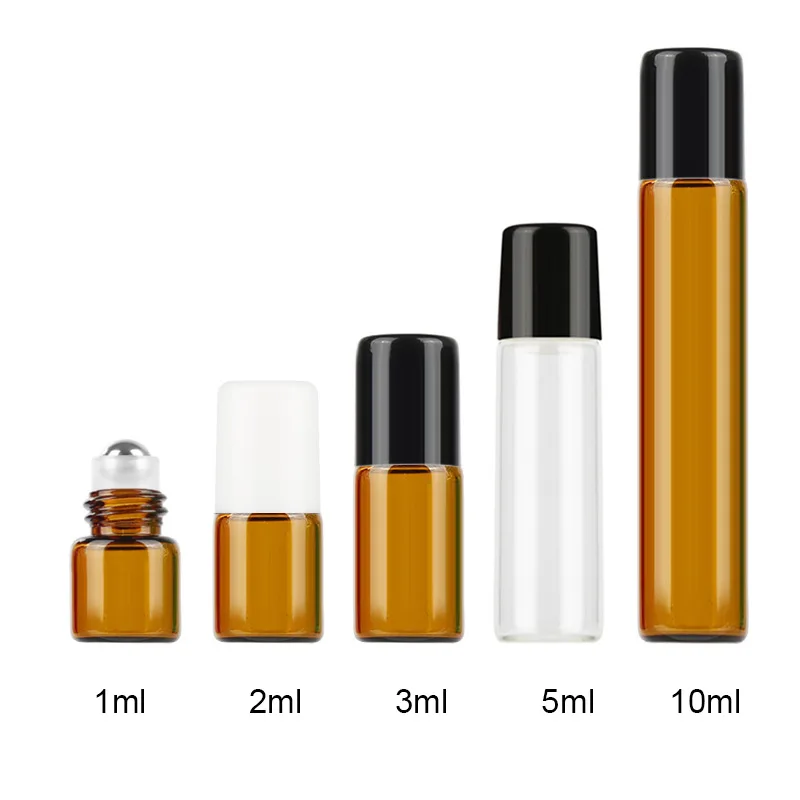 5PCS/Pack Essential Oil Roller Bottles Portable Refillable Liquid Perfume Amber Glass Bottle 1ml 2ml 3ml 5ml 10ml