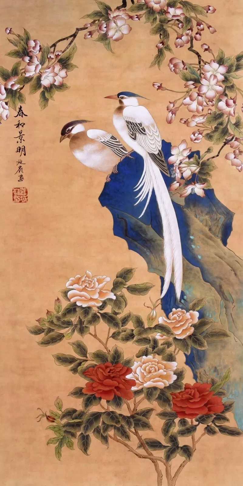 ORIGINAL ASIAN ART CHINESE FIGURE PAINTING Egret Bird&Peony flower Art Picture Print Silk Poster Living Room Decor Home Wall