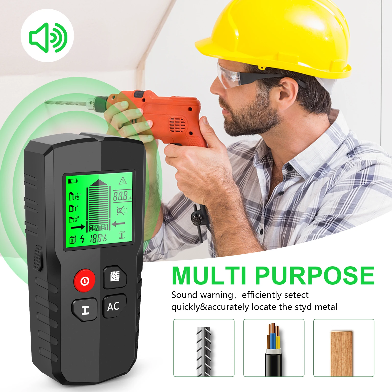 Handheld Wall Scanner Metal Detector Backlit AC Wood Stud Finder Cable Wires Depth Tracker Undeground Sturs Wall Scanner