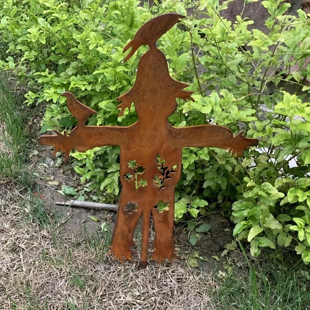 Rustic Metal Scarecrow Garden Stake - Rusty Lawn Ornament For Fall & Halloween Decor, Outdoor Yard Art By Yohwor home