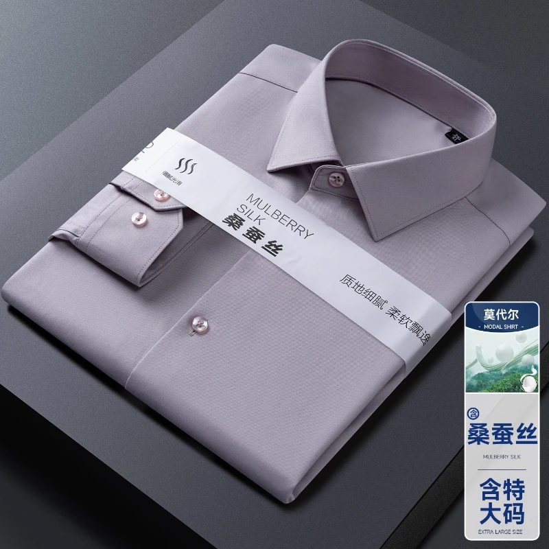 10XL Work White Shirt for Men Long Sleeve Man Shirt Plus Size Big and Tall Modal Mulberry Silk Casual Long Sleeve Men's Shirt