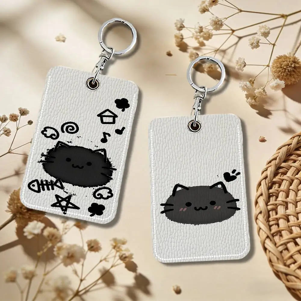 Black Cat Keyring Leather Access Card Holder Keychain Community Proximity Card Protective Case
