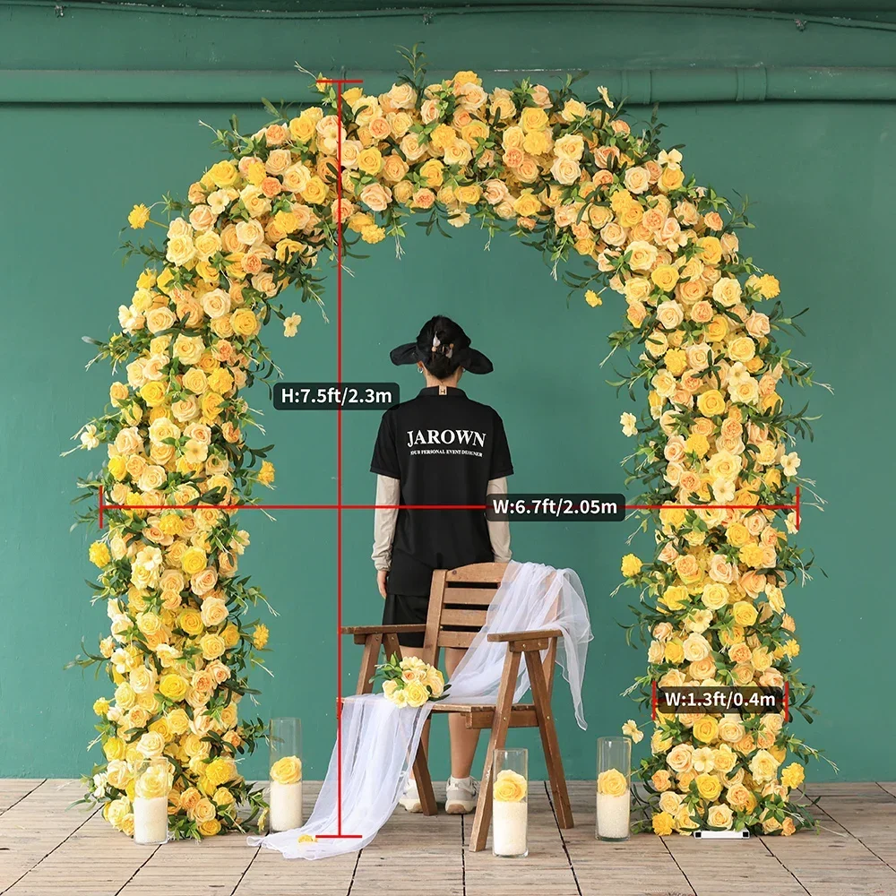 

Arche Fleurs Mariage Yellow Artificial Rose Green Leaves Floral Arrangement for Event Stage Decors Wedding Table Centerpieces