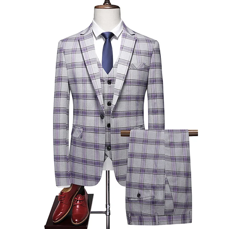 Europe and The United States New Men's Suit Three-piece Bracket Slim Fashion Luxury Boutique A Button Grey Purple Suit.