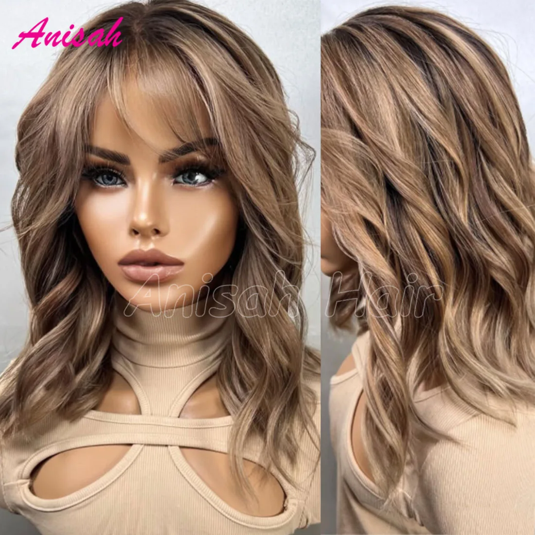 

Brazilian Hair Ash Blonde Highlight Colored Lace Front Human Hair Wigs with Bangs Glueless Lace Closure Short Bob Wig For Women