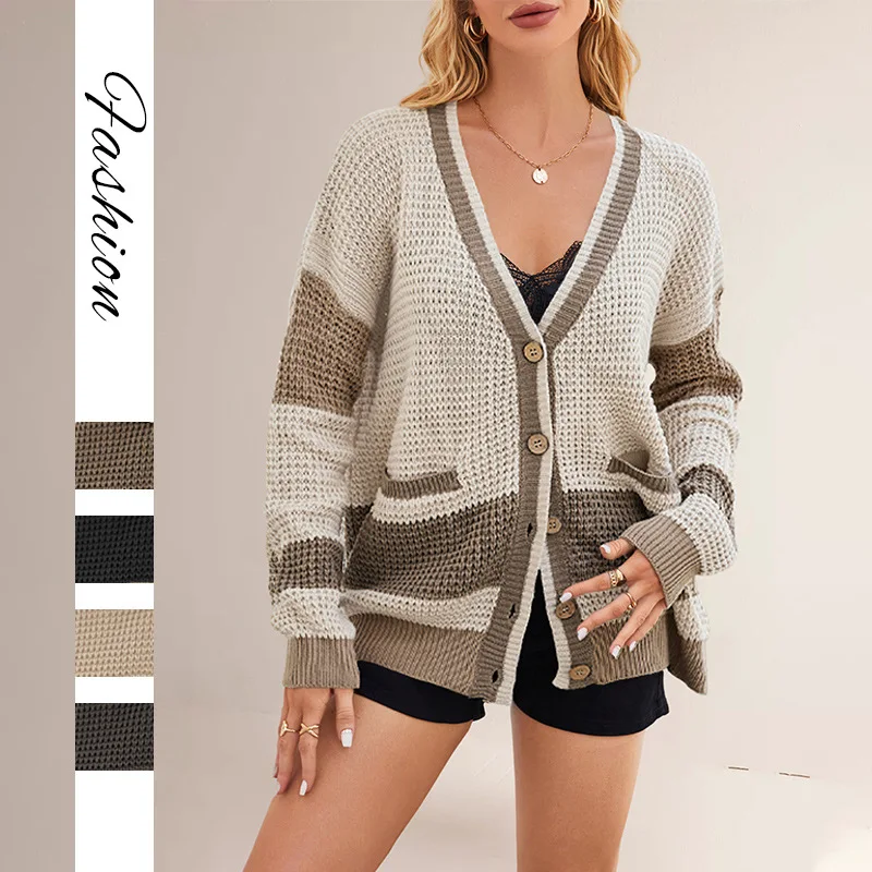 

Women's Autumn Winter Knitted V-Neck Plus Size Cardigan Coat with Pockets Color Block Long Sleeve Loose Casual Outerwear