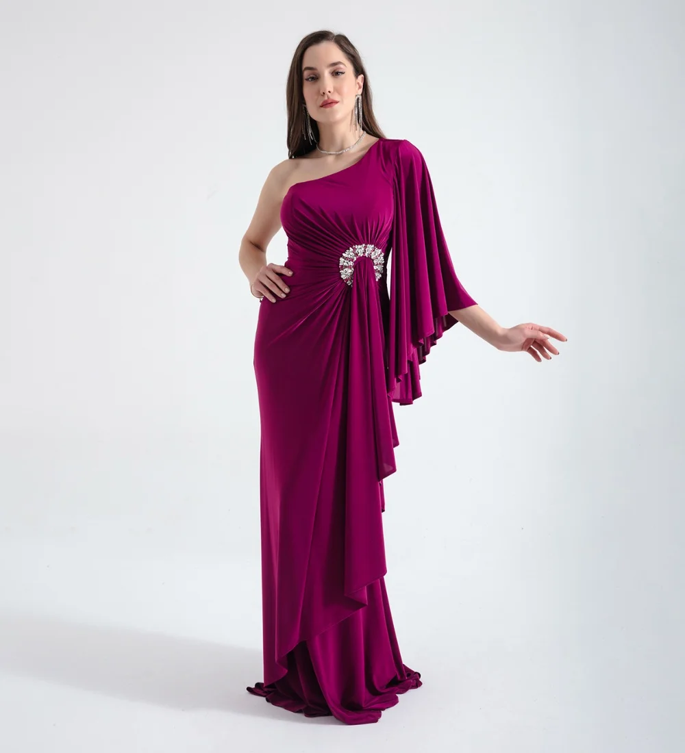 

Customized Elegant Jersey Sequined Pleat Straight One-shoulder Long Dresses Prom Dresses Simple Exquisite Classic Fashion Sizes