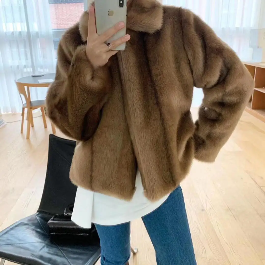 2023 New Autumn/Winter Faux Fur Coat Women\'s Faux Mink Brown Eco Friendly Fur Top Korean Fashion Young Style