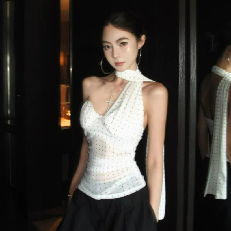 Off-the-shoulder Mesh Polka Dot Halter Top for Women Summer Fashionable Hot Girl Halter Top Chest Cushion Can Be Worn Outside