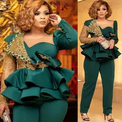 Lace stain Jumpsuits Prom Dresses Hunter Green Arabic Aso Ebi Peplum Beaded Crystals Evening Reception Pant Suit customsized