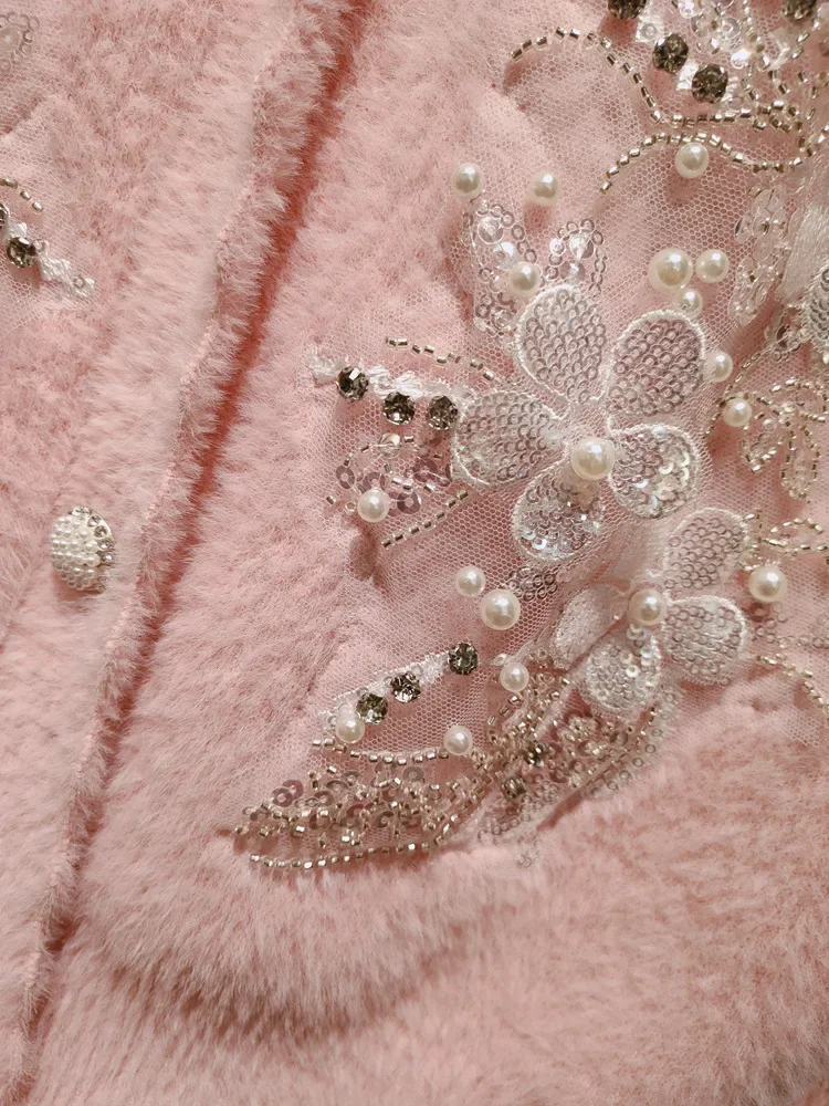 Women Diamonds Beads Flowers Embroidery Sequin Imitation Mink Fur Knitted Cardigan V-neck Mohair Sweater Coat Jacket Autumn Tops