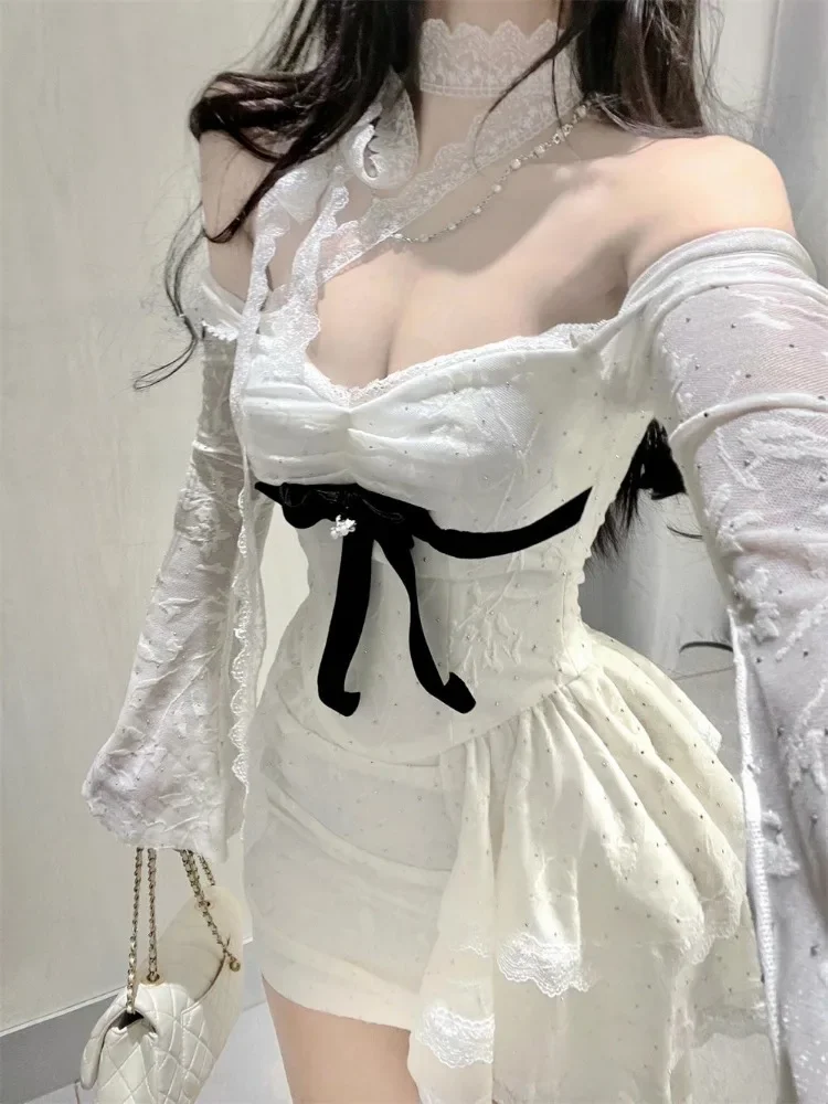 แฟชั่นหวานปิดไหล่ลูกไม้เสื้อแขนยาวMujerฤดูร้อนใหม่Vestidos De Mujer Y2k SlimเอวBodyconชุดผู้หญิง