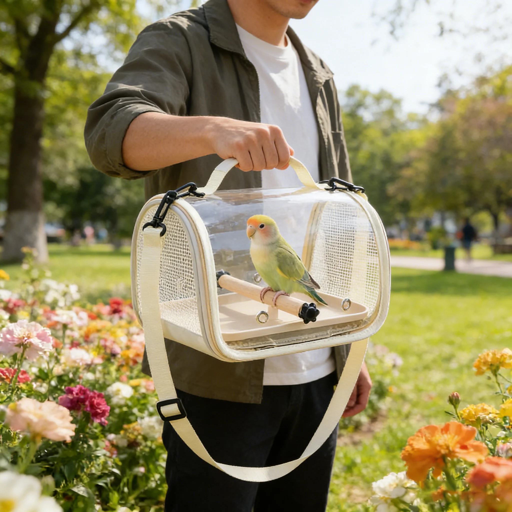 

Дышащая сетчатая сумка-переноска для птиц, прозрачный рюкзак для попугаев со съемной жердочкой, легкий и складной, для прогулок на улице, в парке