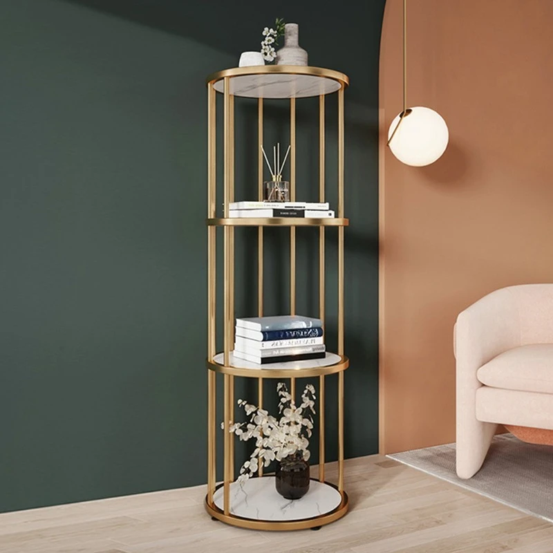 Nordic light luxury round floor rack, living room sofa edge wrought iron bookshelf, simple and modern multi-layewall rack