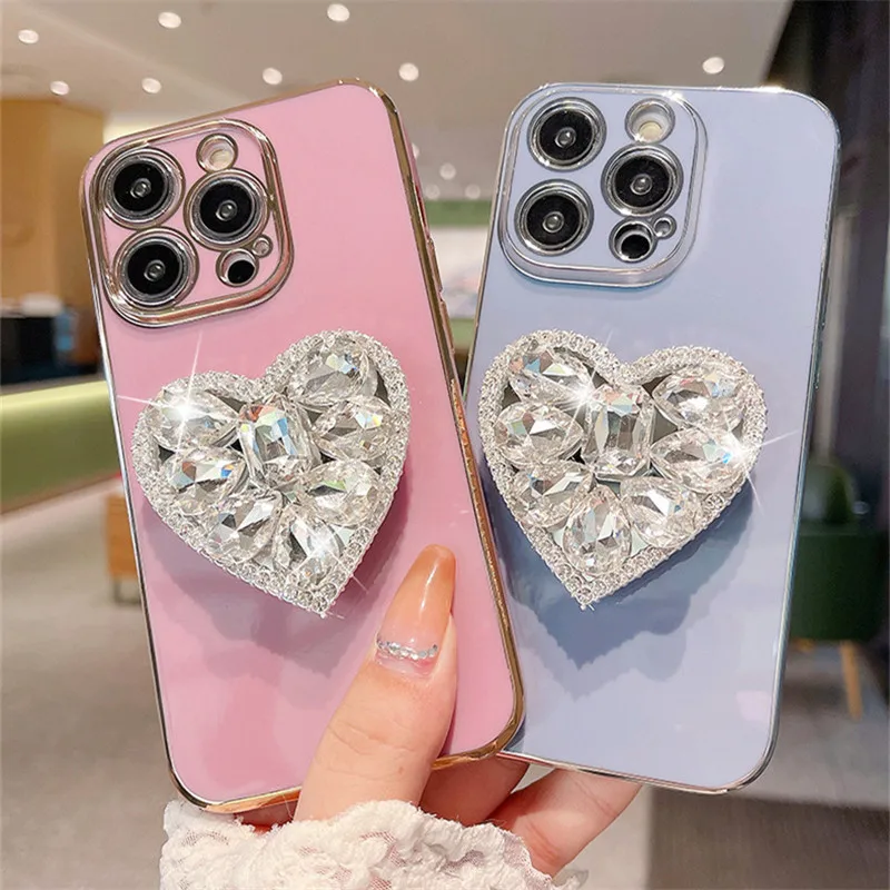 Luxury Glitter Diamond Heart Holder Case For OPPO Reno 7 4G 5G Reno8 5 6 C21Y C15 Cover for OPPO Reno 5 Lite Reno6 6lite