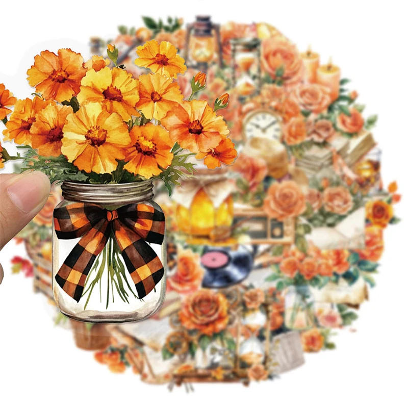 50PCS Vintage Orange Rose Floral Stickers Clear Watercolor Small Rose Aesthetic Sticker Vinyl Waterproof Decal for Water Bottles