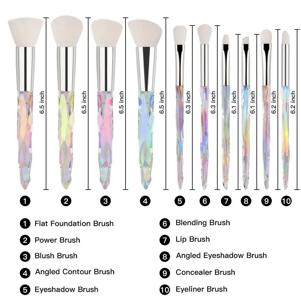 Makeup Brush Set 10Pcs Crystal Eyebrow Shadow Lip Pencil Blush Cosmetic Brushes