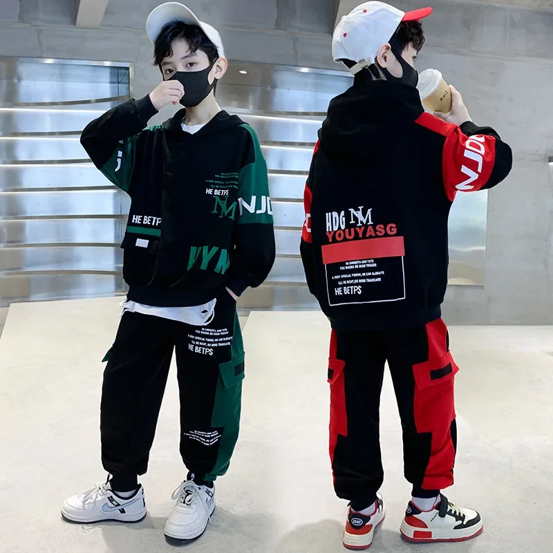 

Новая весенне-осенняя детская одежда для мальчиков, спортивный костюм для подростков, топ с капюшоном и буквами, рубашки, толстовка + брюки с завязками на щиколотке, 5, 10, 11, 12 лет