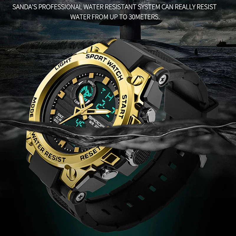 SANDA Top Luxury Watches Men Military Army Mens Watch Waterproof Sport Wristwatch Dual Display Watch Male Relogio Masculino