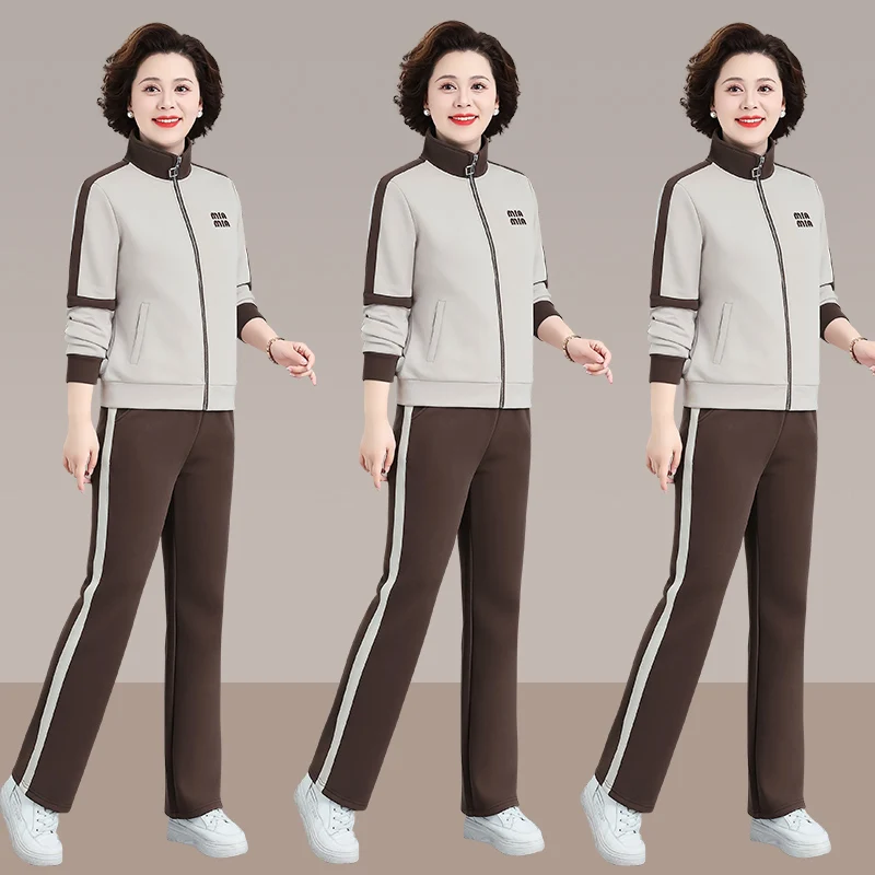 

Комплект повседневной спортивной одежды для мам: модный осенний вариант 2025 года, новый, для женщин среднего возраста, с длинным рукавом, на молнии, из хлопка...