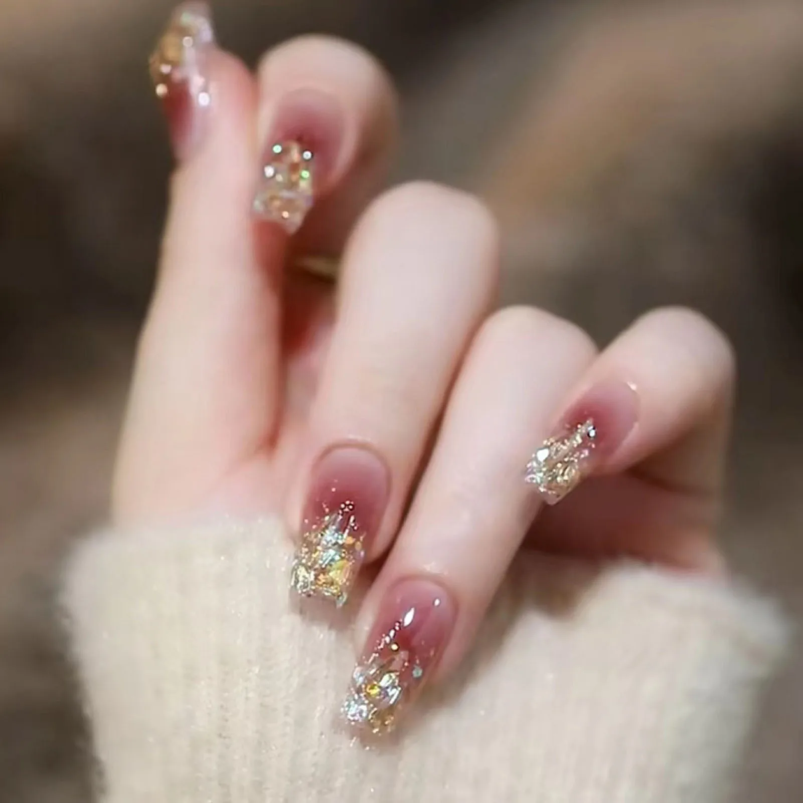 Blush Pink Fake Nails with Gold Foil Decor Charming Comfortable to Wear Manicure Nails for Hot Girl Dress Matching