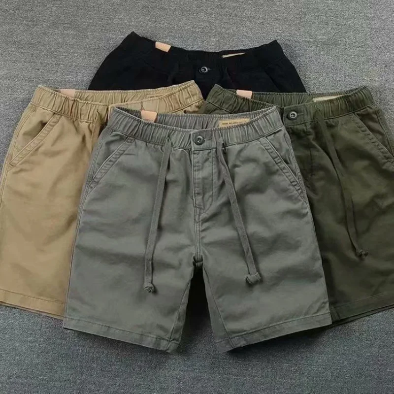 Summer Cotton Loose Men\'s Cargo Short Classic Waist Drawstring Button Pockets Street Casual Korean Sand All-match Male Shorts