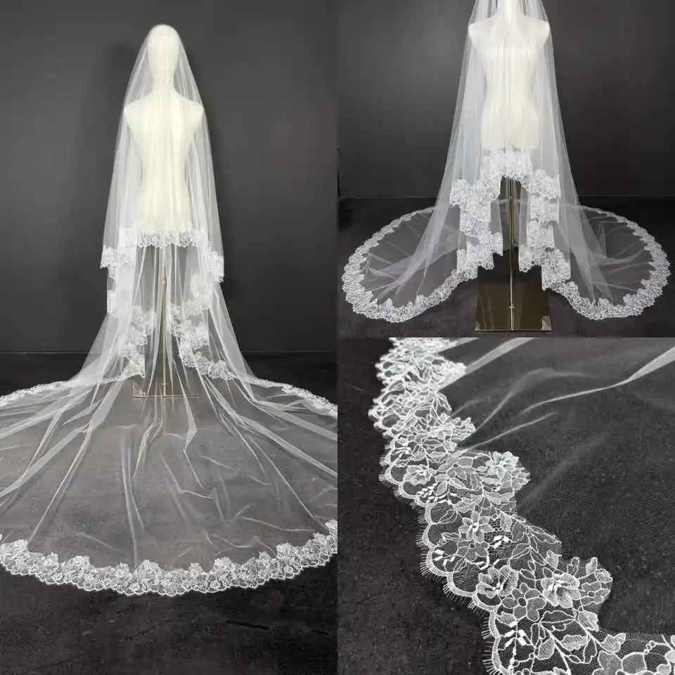 

Elegant Lace Wedding Veil Appliques Cathedral Length One Layer Bridal Veils Lace Edge For Bride Velo De Cabeza Customized