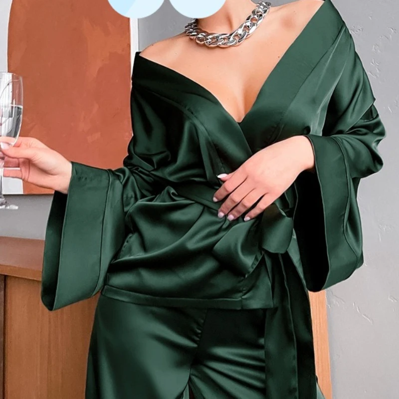 

New Women Pajama Suit Sleepwear Causal Comfort Soft Bathrobe Long sleeved tie up Trouser Suits Loose Home Clothes Loungewear