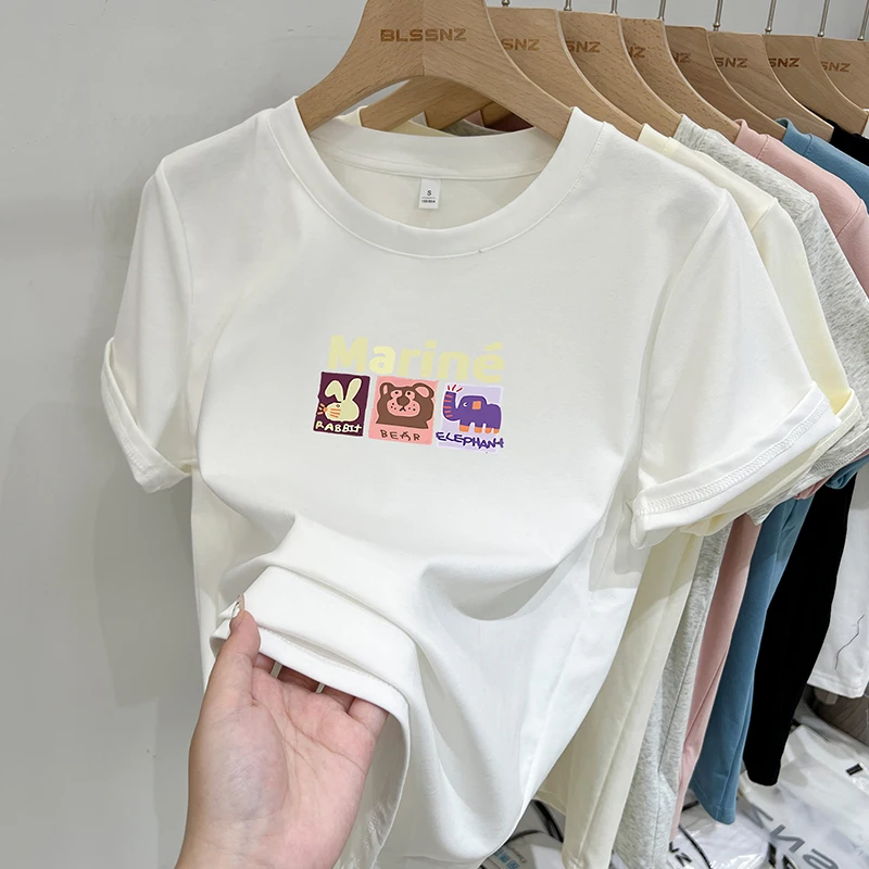 Cartoon Print T-Shirts Women Shoulder Length Short Sleeves O Neck T-shirts Korean 2024 Summer Casual Versatile Top