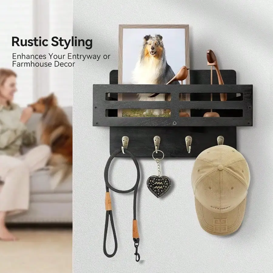 10-дюймовая черная стойка для ключей в деревенском стиле. Настенный 4-крючок, декоративный органайзер для ключей, почты и солнцезащитных очков.