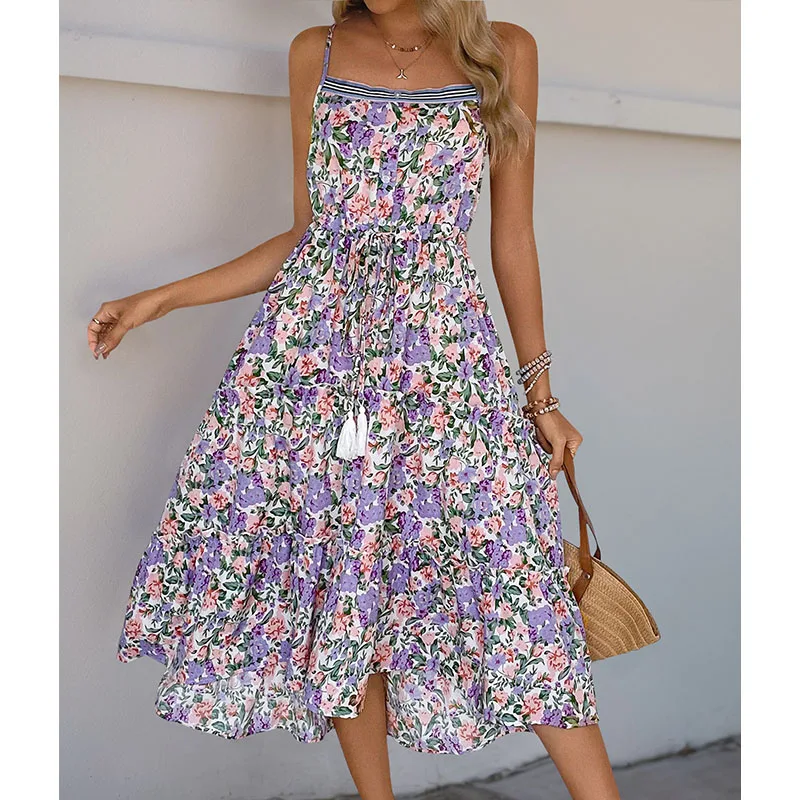 Abito lungo estivo da donna sexy stampato floreale Elegante Boho Backless senza maniche Casual Beach Sundress Button Maxi Gonna Abiti