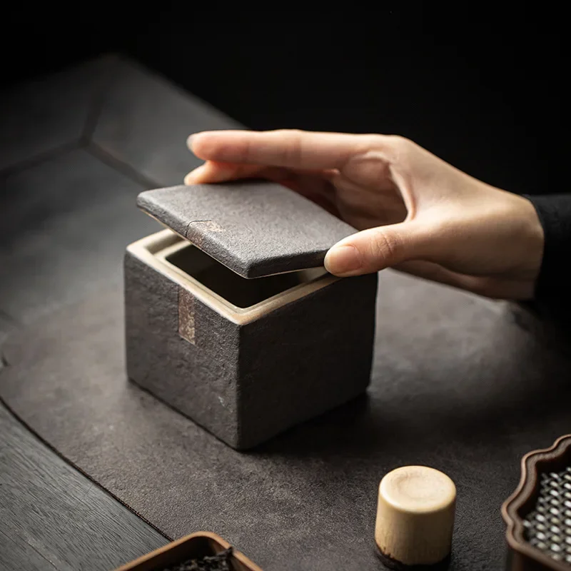 Rough Ceramic Tea Canister Square Tea Storage Boxes Vintage Tea Container Loose teaset Warehouse For  Room Desktop Home Decor