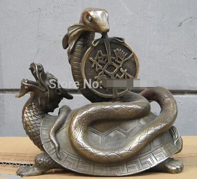 China Fengshui Bronze money Lucky snake ON Dragon Turtle Statue