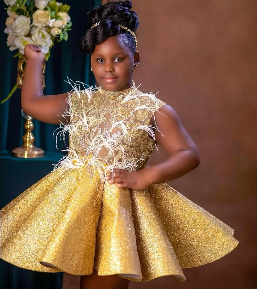 Gold Satin Girls Birthday Dress Beaded Above Knee Flower Girls Dresses for Wedding Kids Ruffles Party Ball Gowns for Photoshoot