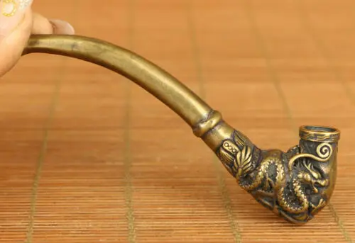 Chinese brass Handcarving dragon phoenix statue smoke tool tobacco pipe decorate