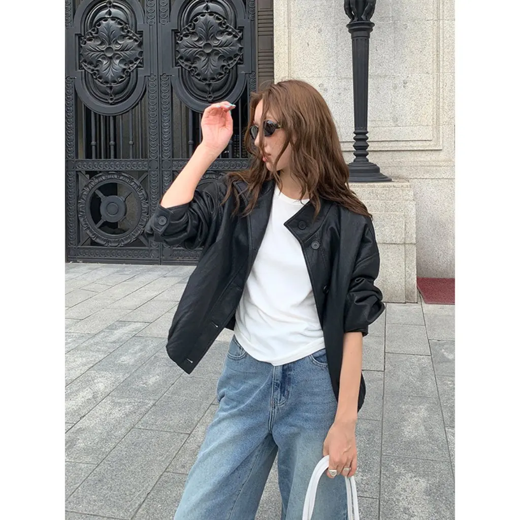 Mind Single-Button PU Leather Jacket Korean Style Minimalist Small Size Coat Outerwear New Arrival Autumn T5502Q