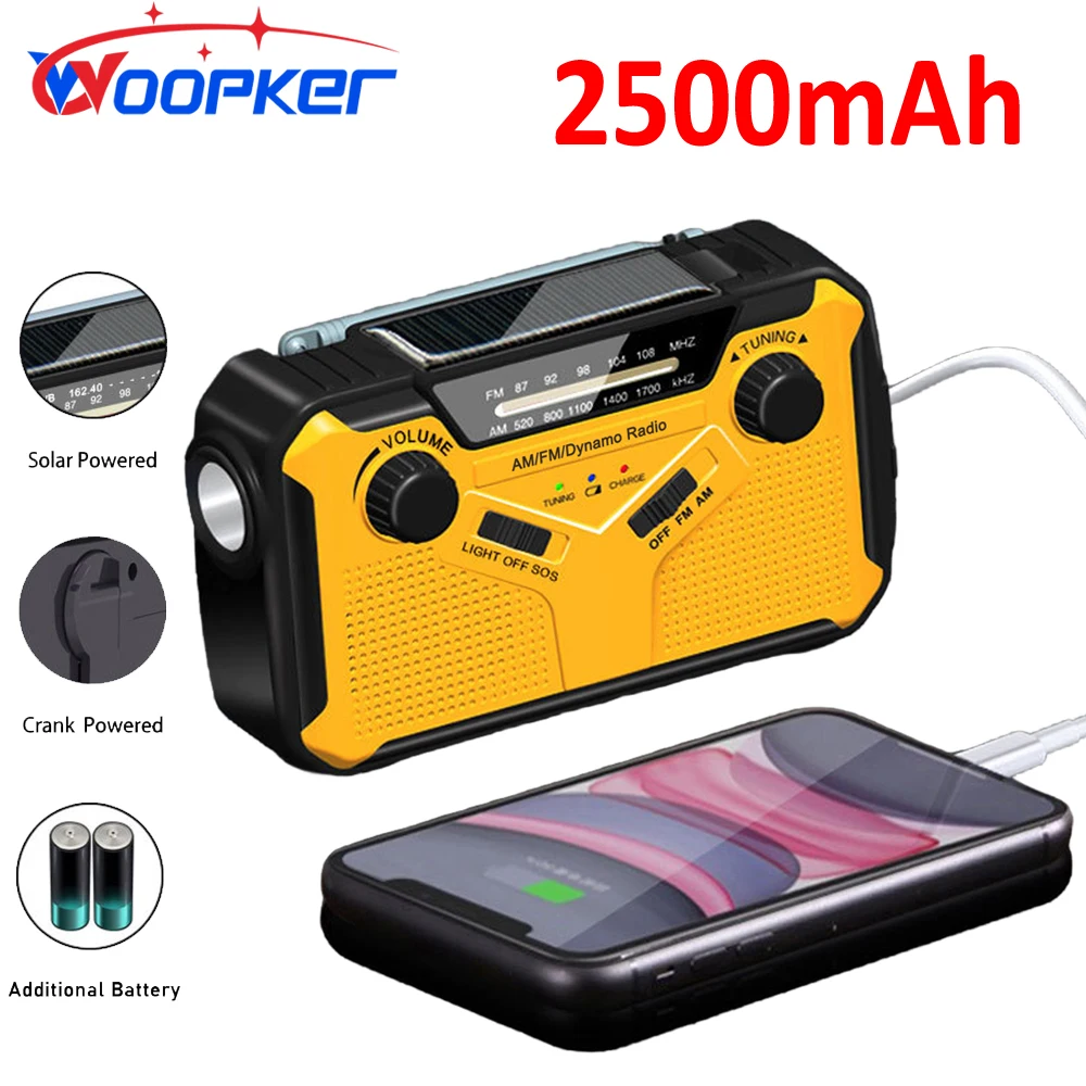 WOOPKER E09 Radio FM/AM 2500mAh Emergency Portable Radio USB Solar Hand Crank Rechargeable Torch LED Lamp SOS Alarm Power Bank