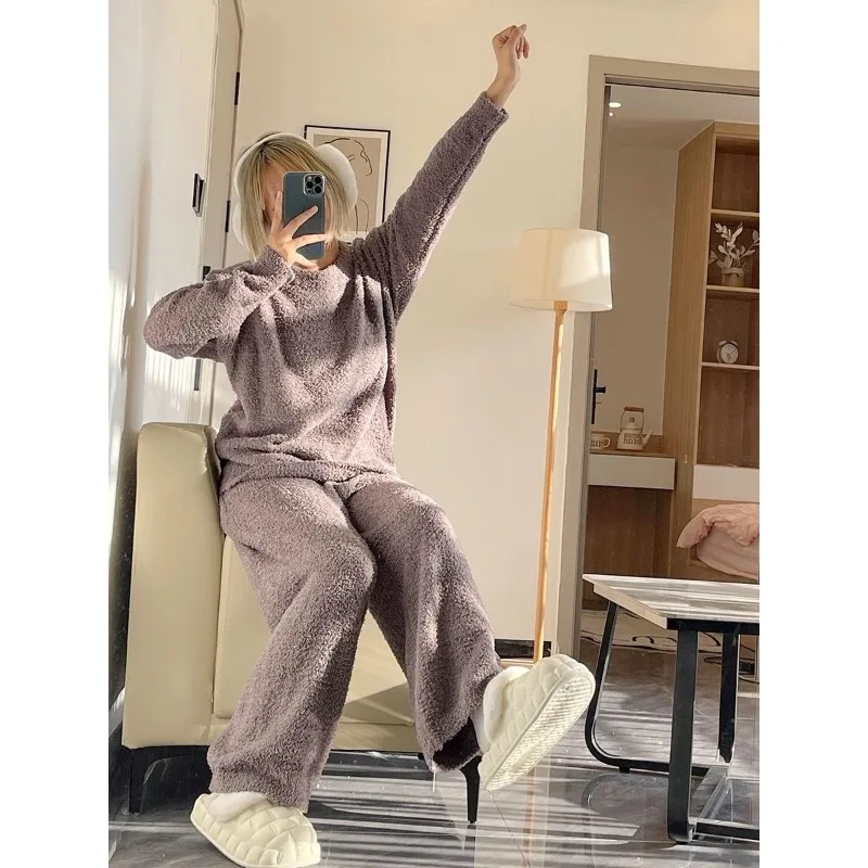 

Korean Simple Fallow Long Sleeve Knit Pajamas Ms.wintertime New Style Sense of Advanced Loungewear A Thick Suit Soft Comfort