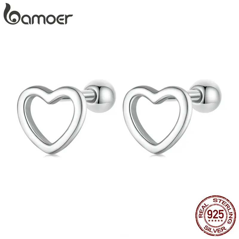 Bamoer 925 Sterling Silver Hollow Heart Stud Earrings Minimalist Silver Earrings for Women Engagement Anniversary Jewelry BSE717