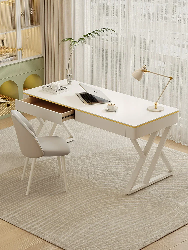 Rock slab desk,modern small apartment, cream style study workbench, household multi-functional desktop computer desk