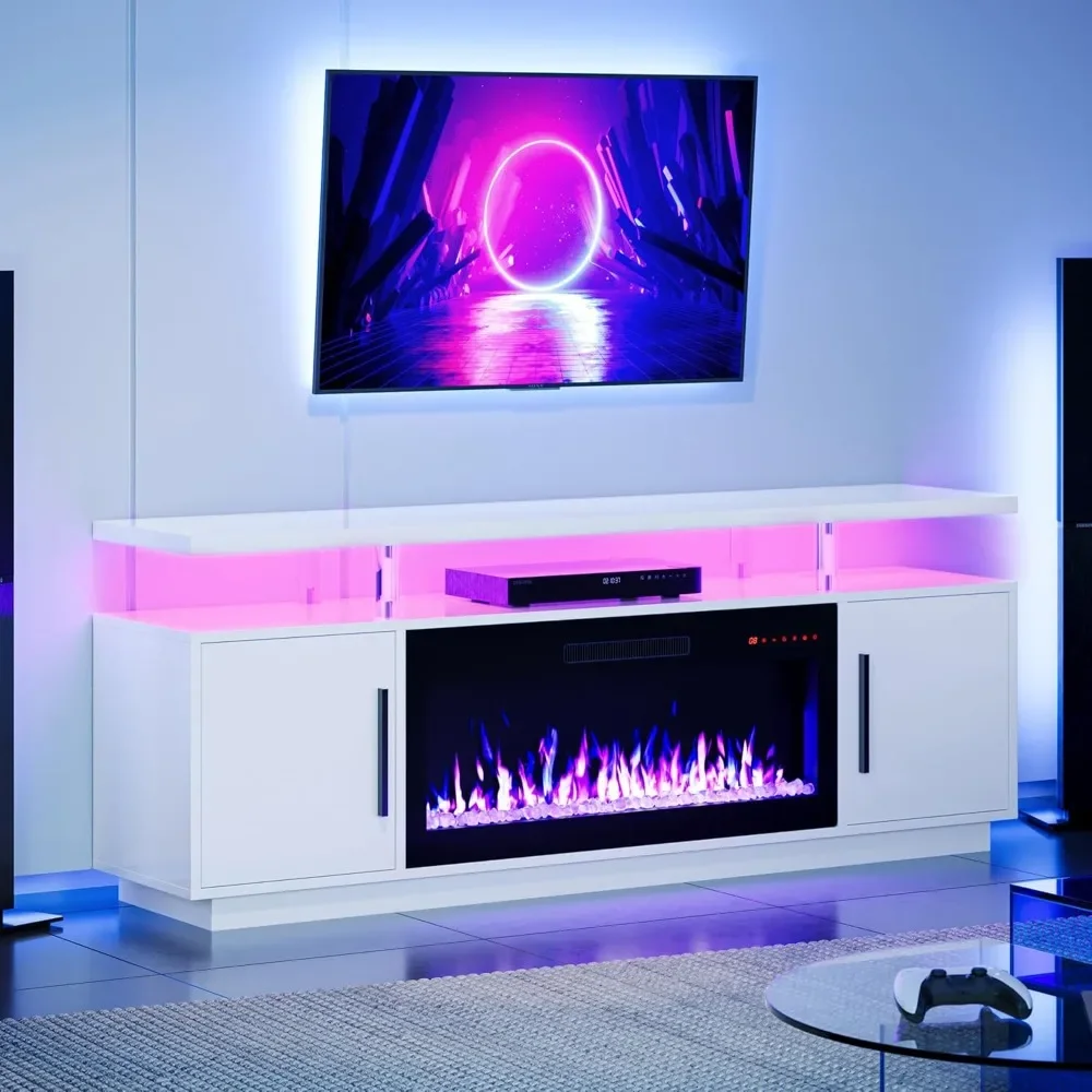 LED Light Entertainment Center with  Electric Fireplace Heater, Storage Cabinet with USB AC Outlet, Media Console Table