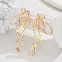 Women Long Bowknot Style Drop Earrings Gold Color Irregular Shape Dangle Stud Earrings Crystal Stone New Fashion Party Jewerly