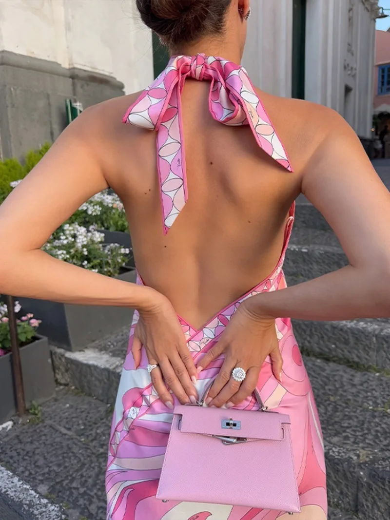 New Summer Sexy Halter Backless Printed Satin Vacation Beach Dress For Women Sleeveless Backless Loose Irregular Robe Vestidos