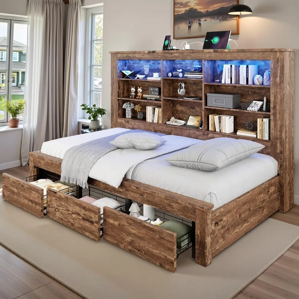 

Twin Daybed with Bookcase Headboard, USB-C Charging, RGB Lights & 3 Drawers, No Box Spring Needed, Farmhouse Wood Bed Frame