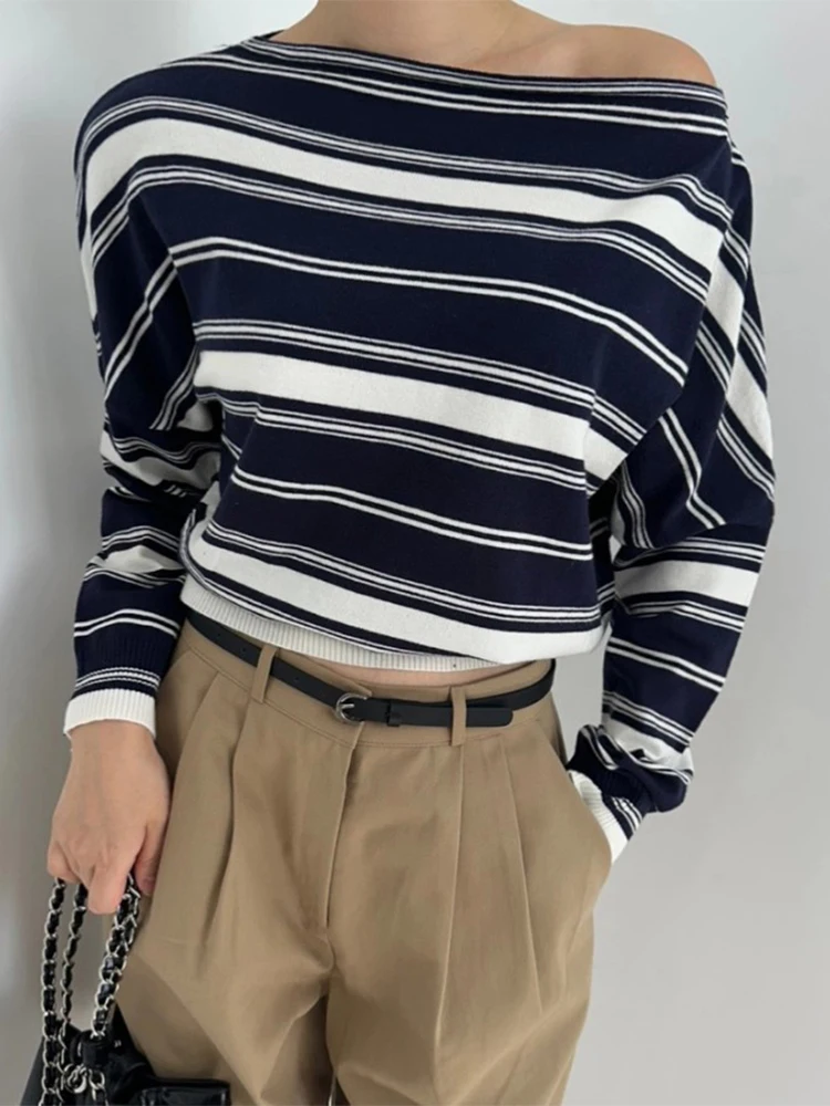 

Chic Vintage oulder Bared Striped Long Sve Women's T irt Base Layer Color Blo Top for Autumn Commute Sle