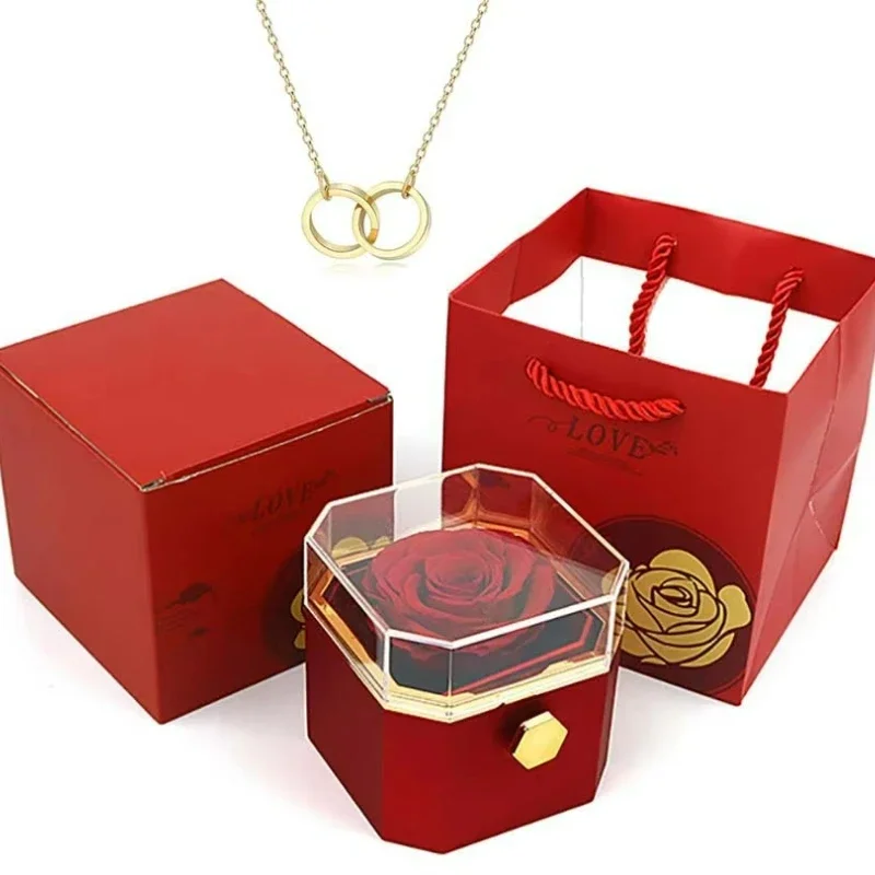 

New rotating eternal rose octagon jewelry box and OO necklace can be carved, send girlfriend to wife Christmas gifts